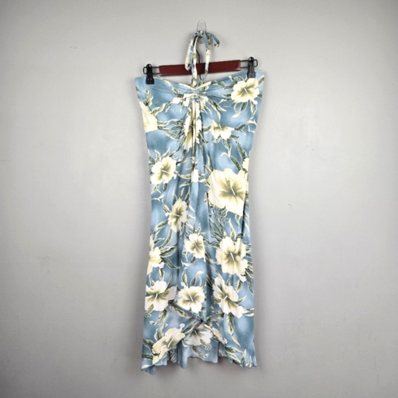 HAWAII Strapless‎ Halter Floral Tropical Dress Blue Womens Size L Beachy Boho - Picture 2 of 13